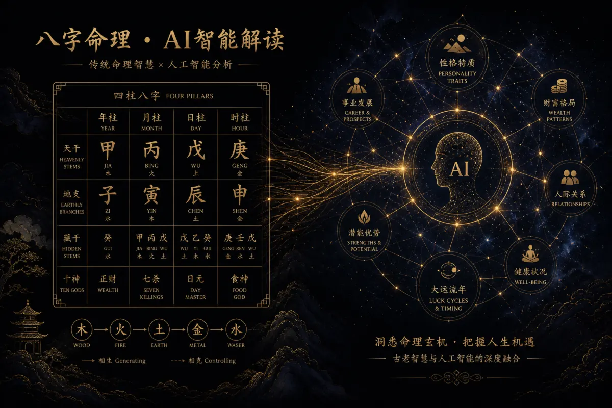 AI Ba Zi fortune telling illustration linking a Four Pillars chart to analysis nodes