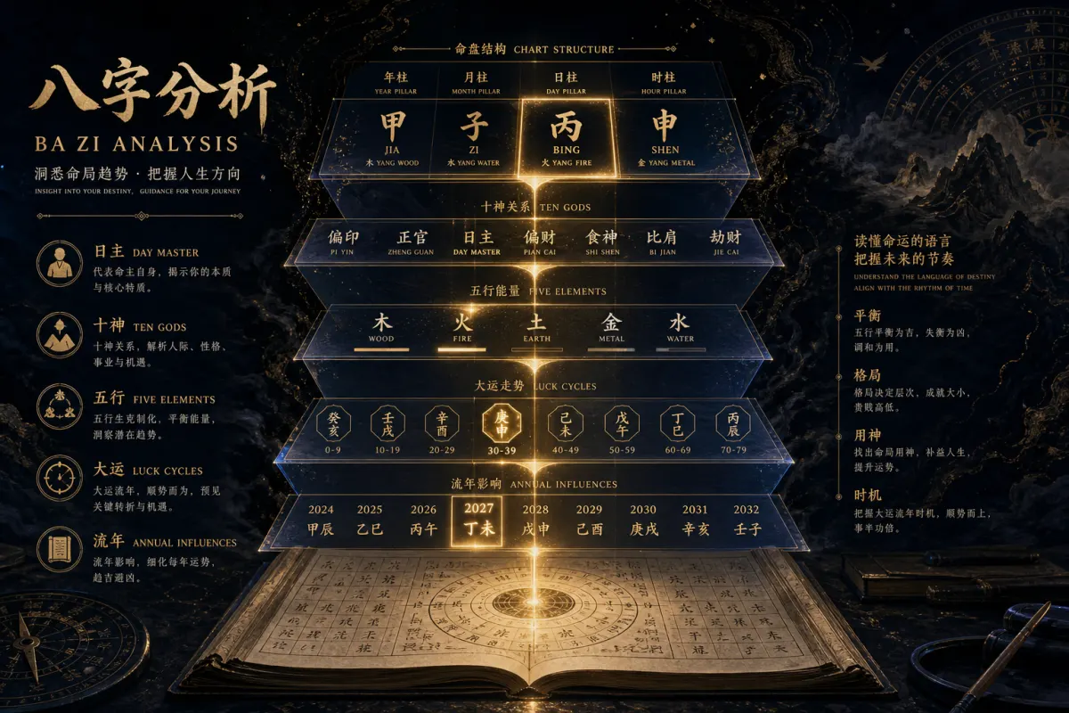 八字分析在线解读示意图,聚焦日主十神与大运的结构化解读