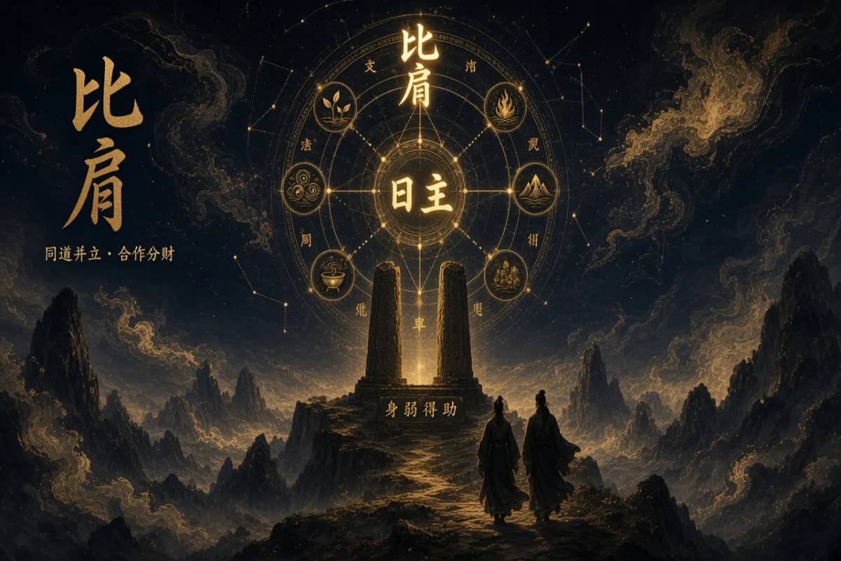 八字比肩十神示意图,以双立石柱、并肩同道与天平象征同侪并立与合作竞争