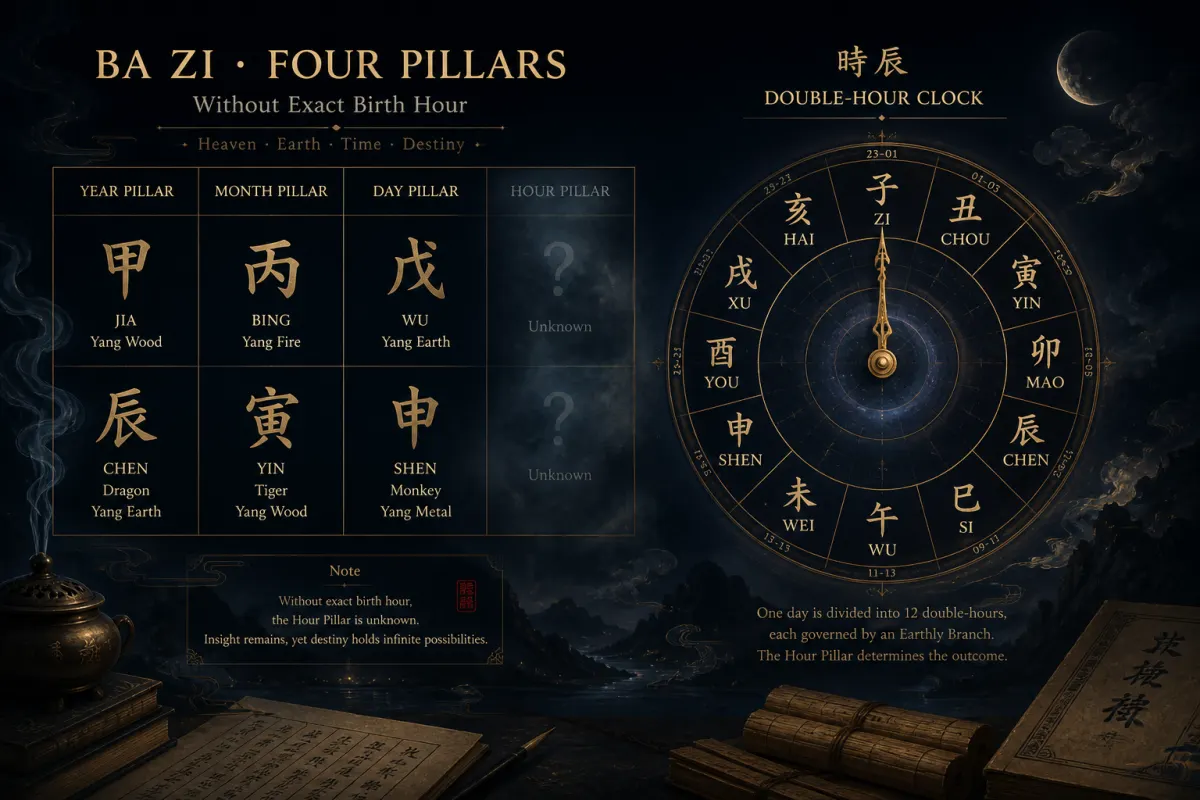 不知出生时辰的八字排盘示意图,强调时辰对时柱判断的重要性