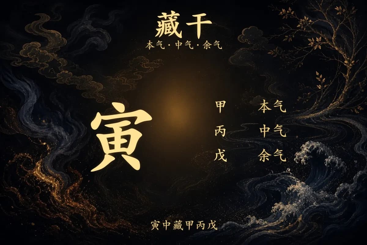 八字十二地支藏干本气中气余气与天干通根透干结构示意图