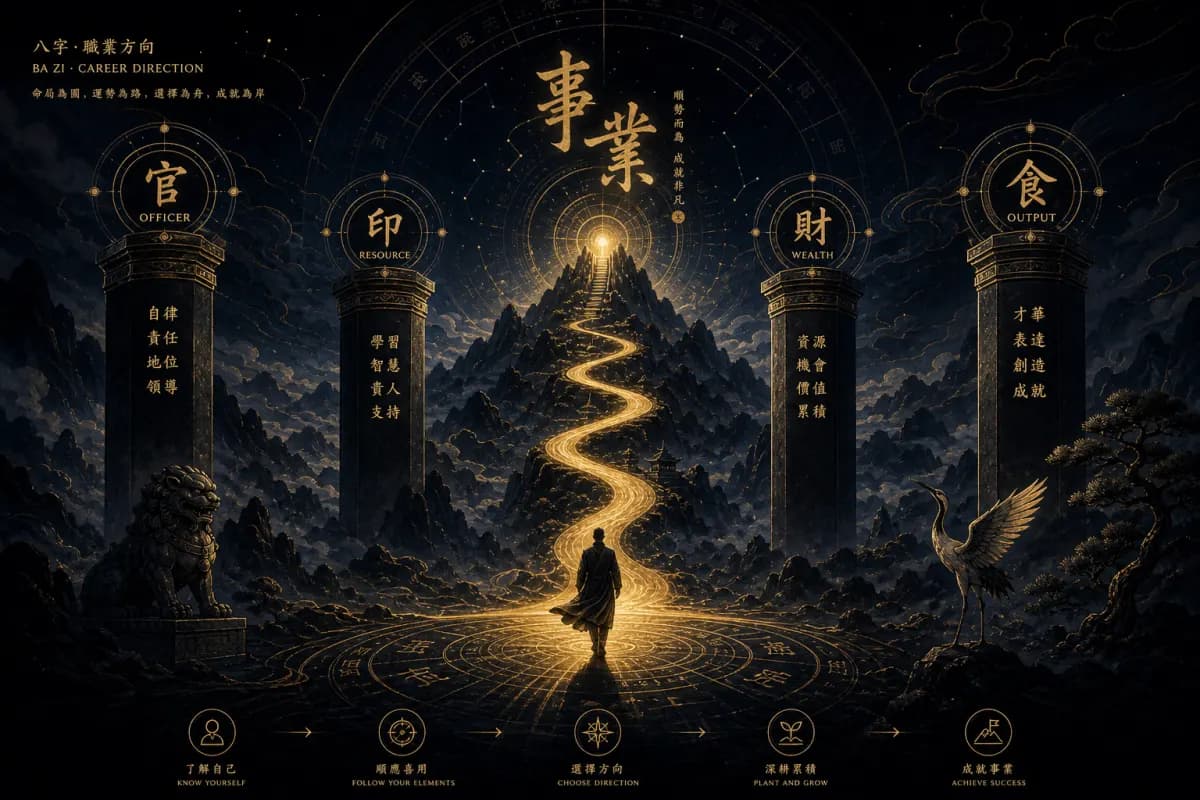 八字事业方向示意图,象征官杀印星食伤财星引动下的职业上升路径