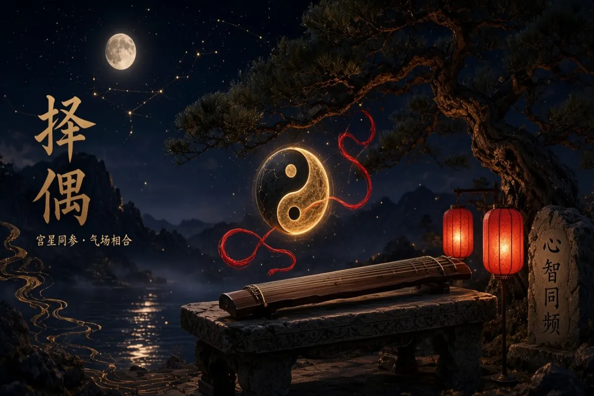 八字择偶选对象示意图,以月下连理古琴、双盏同心明灯与红绳罗盘象征灵魂契合与理性择偶