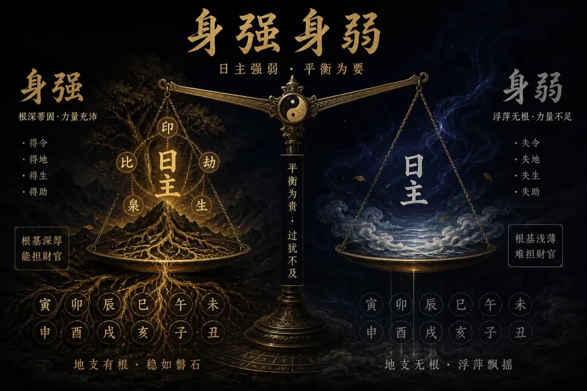 Day Master strength illustration comparing weak versus strong self-energy in Ba Zi