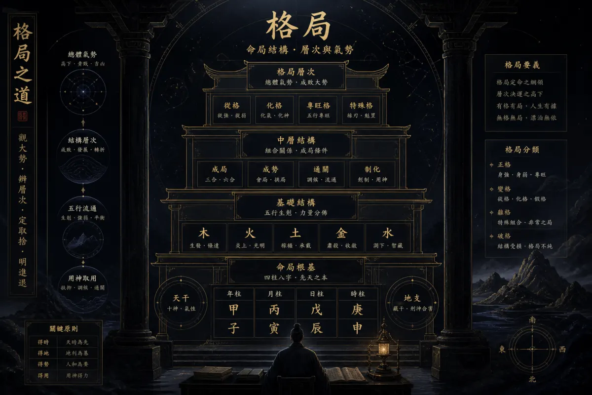 八字格局结构示意图,以层叠框架呈现命局整体格局与层次
