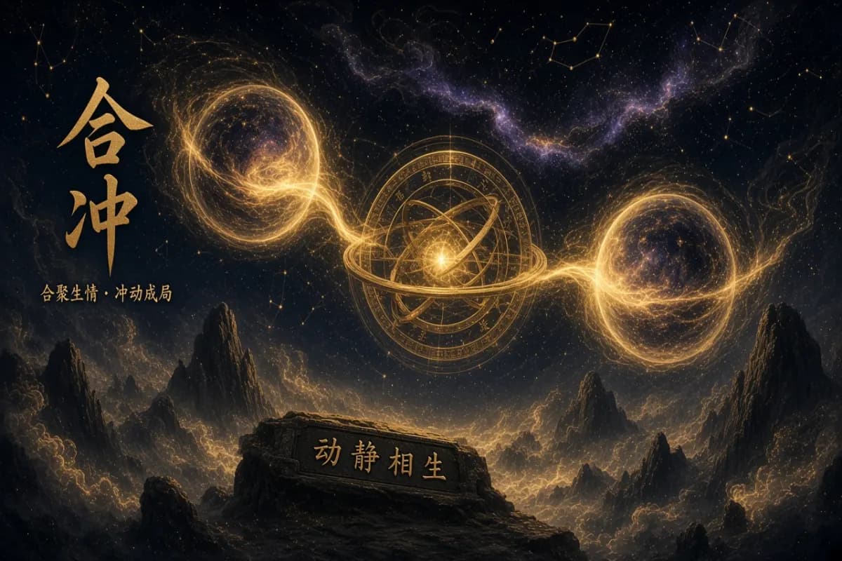 八字干支合冲示意图,以双星引力交织与对峙冲荡的古风星图象征能量动静转化