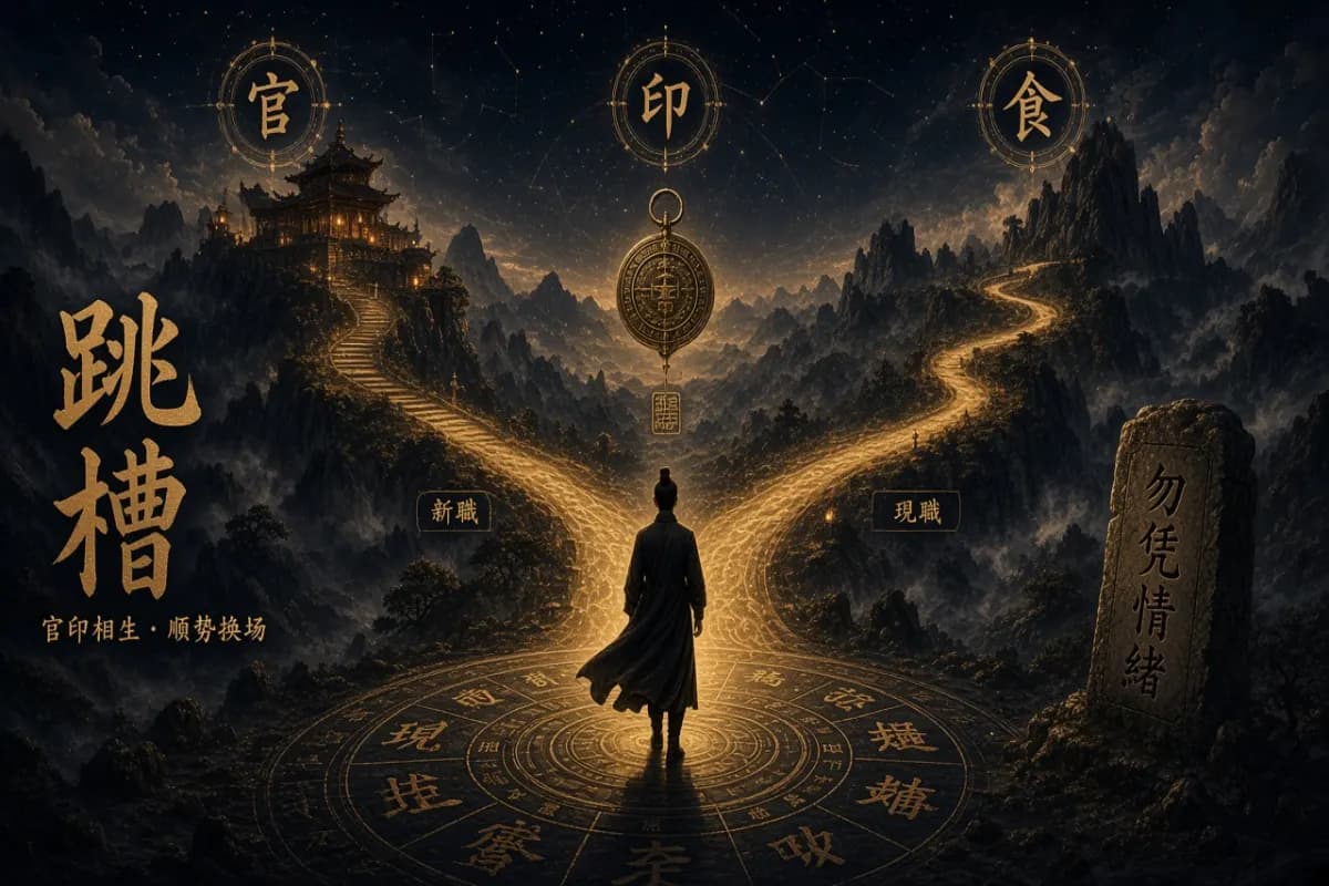 八字跳槽与职业转换时机示意图,以分岔路口、指南针与阶梯象征职场跃升决策