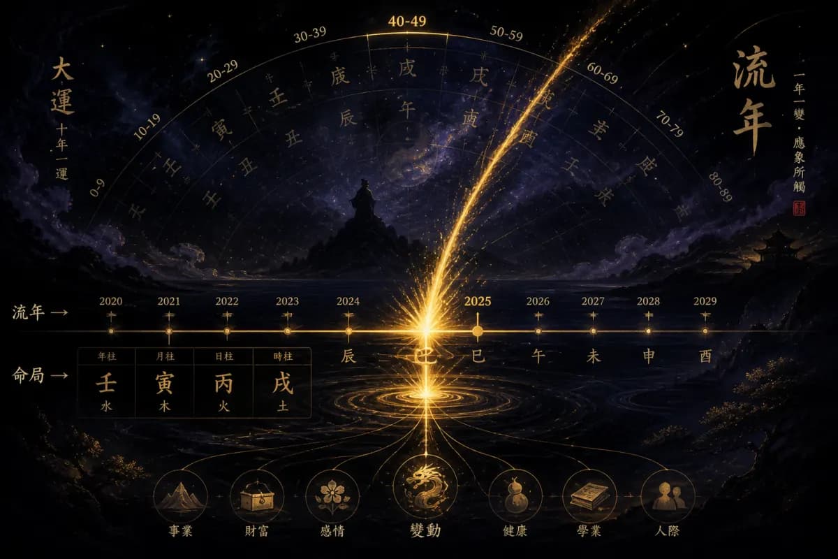 八字流年运势示意图,在十年大运背景上标出当年流年的触发点