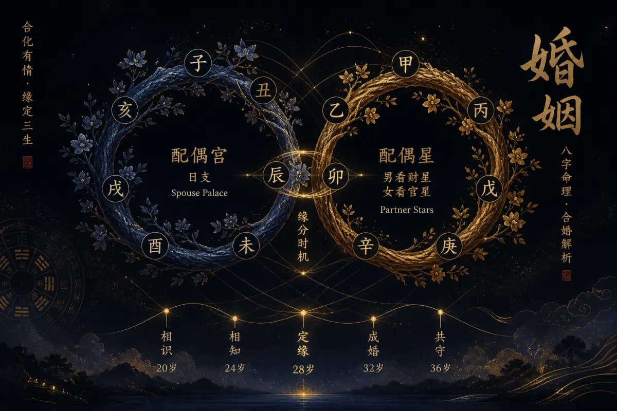 Illustration of Ba Zi marriage themes showing spouse palace and partner star interplay