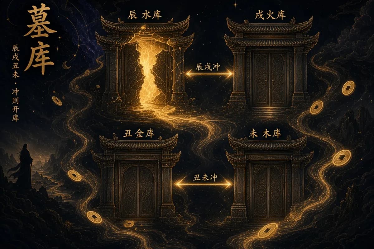 八字辰戌丑未四墓库与财库开阖生克结构示意图