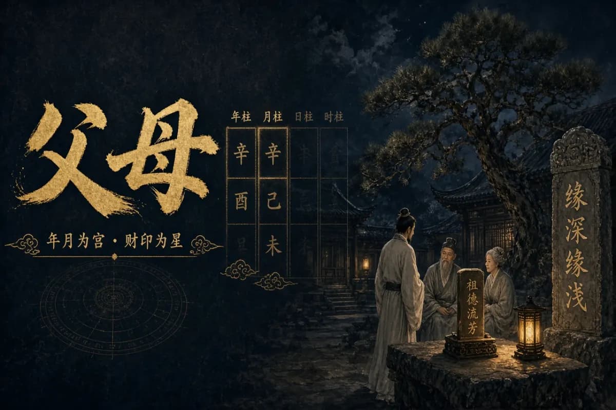 八字看父母示意图,年柱月柱为父母宫,庭院灯下三代相对