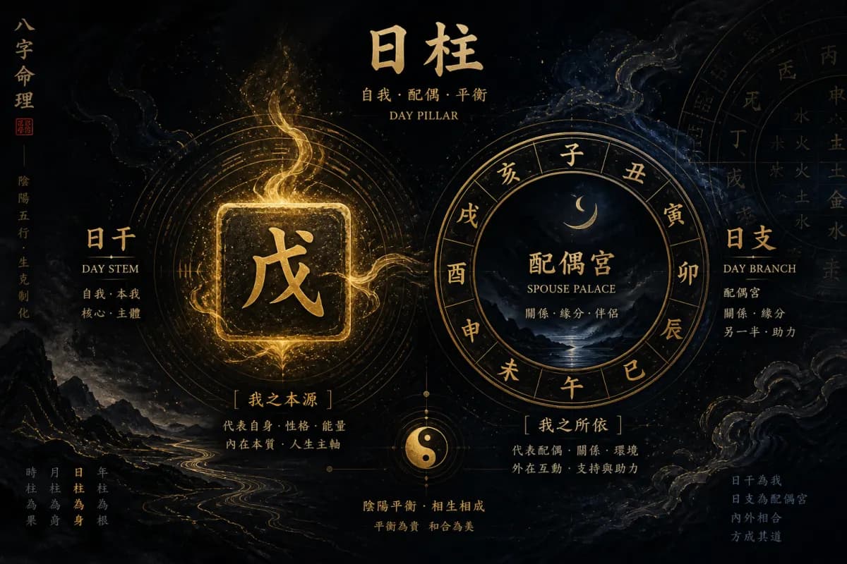 八字日柱与日主、夫妻宫核心位置示意图,用于理解日柱性格与婚姻参考