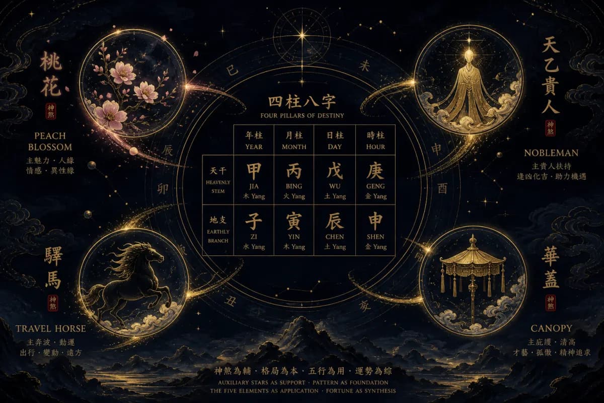 八字神煞星曜示意图,环绕命盘的神煞符号与辅助判断线索