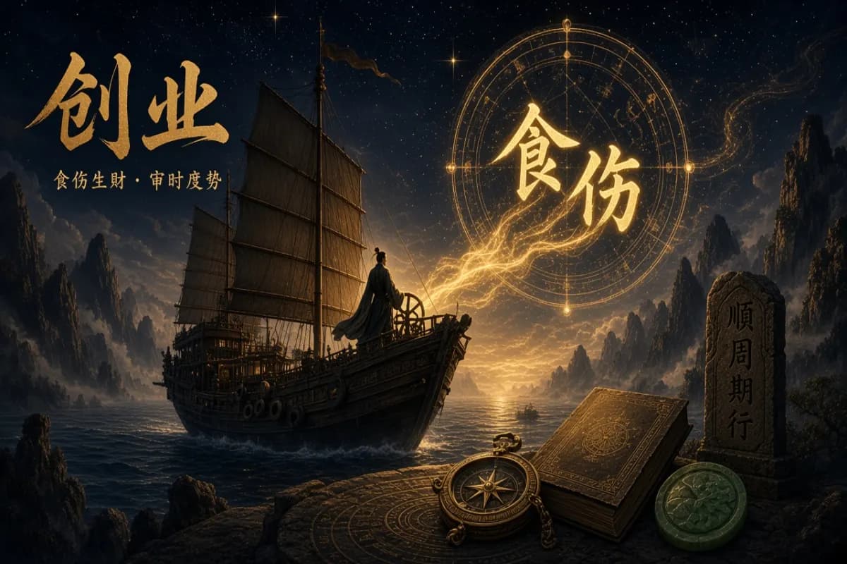 八字创业做生意示意图,以商海远航楼船、罗盘星宿与金石印章象征商业决断与运势破局