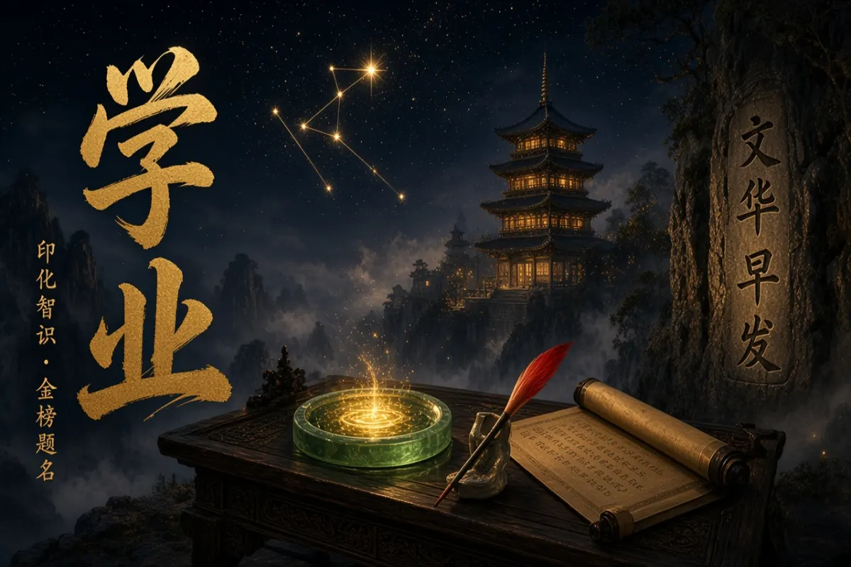八字学业考试升学示意图,以青玉砚台、朱笔点榜、文昌塔与晨曦书卷象征文华早达与蟾宫折桂