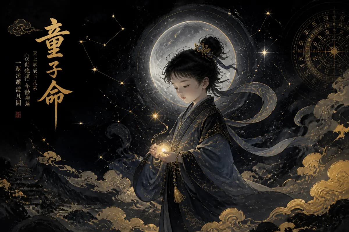 童子命示意图,以月华星环呈现传统童子煞的命理主题