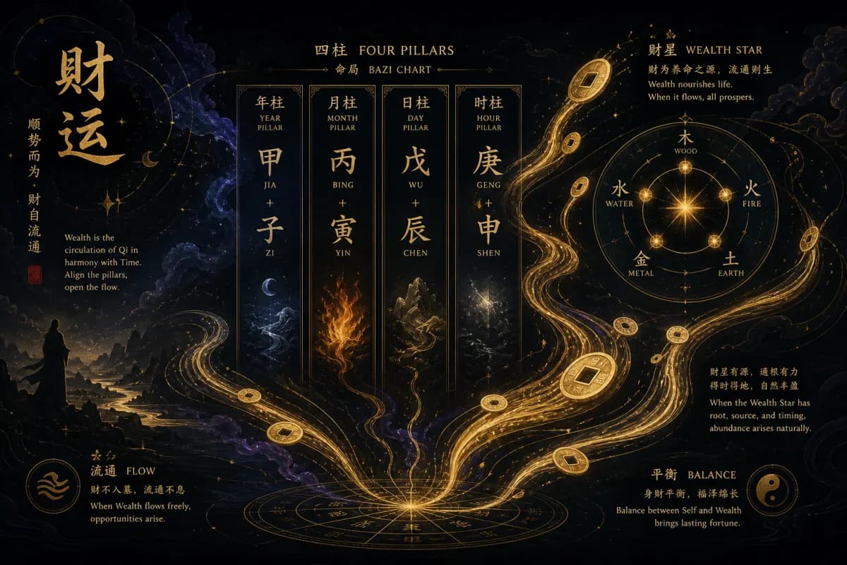 八字财运格局示意图,呈现财星流通与财富积累的命理结构