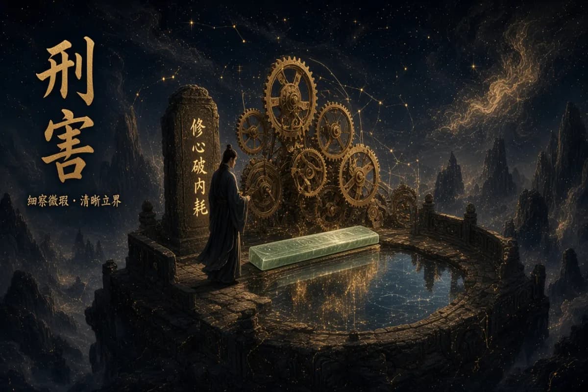 八字地支相刑相害示意图,以青铜锁链咬合微隙与镜花水月象征内耗摩擦与心智化解