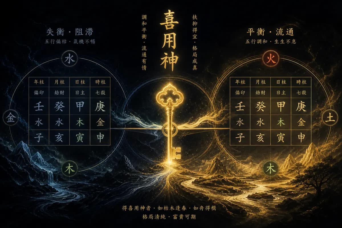 八字喜用神平衡调节示意图,说明如何结合日主旺衰判断命局所需五行