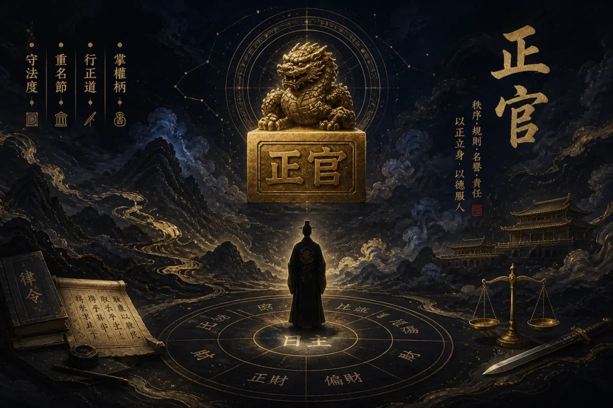 Direct Officer Ten God illustration symbolizing rules, position, and honor in Ba Zi
