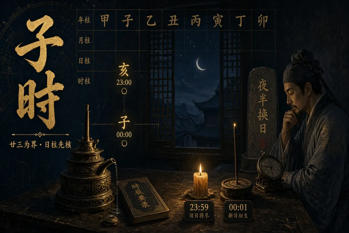 Ba Zi early and late Zi hour illustration with a night water clock and the Hai–Zi boundary