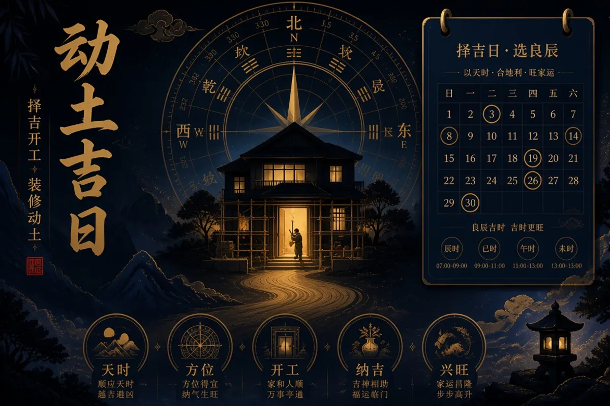 装修动土吉日选择与开工仪式方位规划示意图