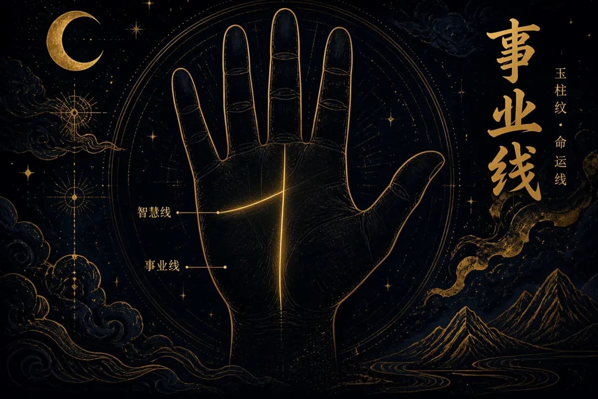 Palmistry illustration showing the vertical Career Line alongside the Heart, Head, and Life lines