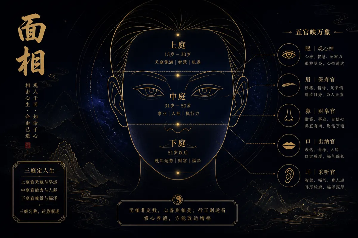 Face reading illustration of features and three facial zones