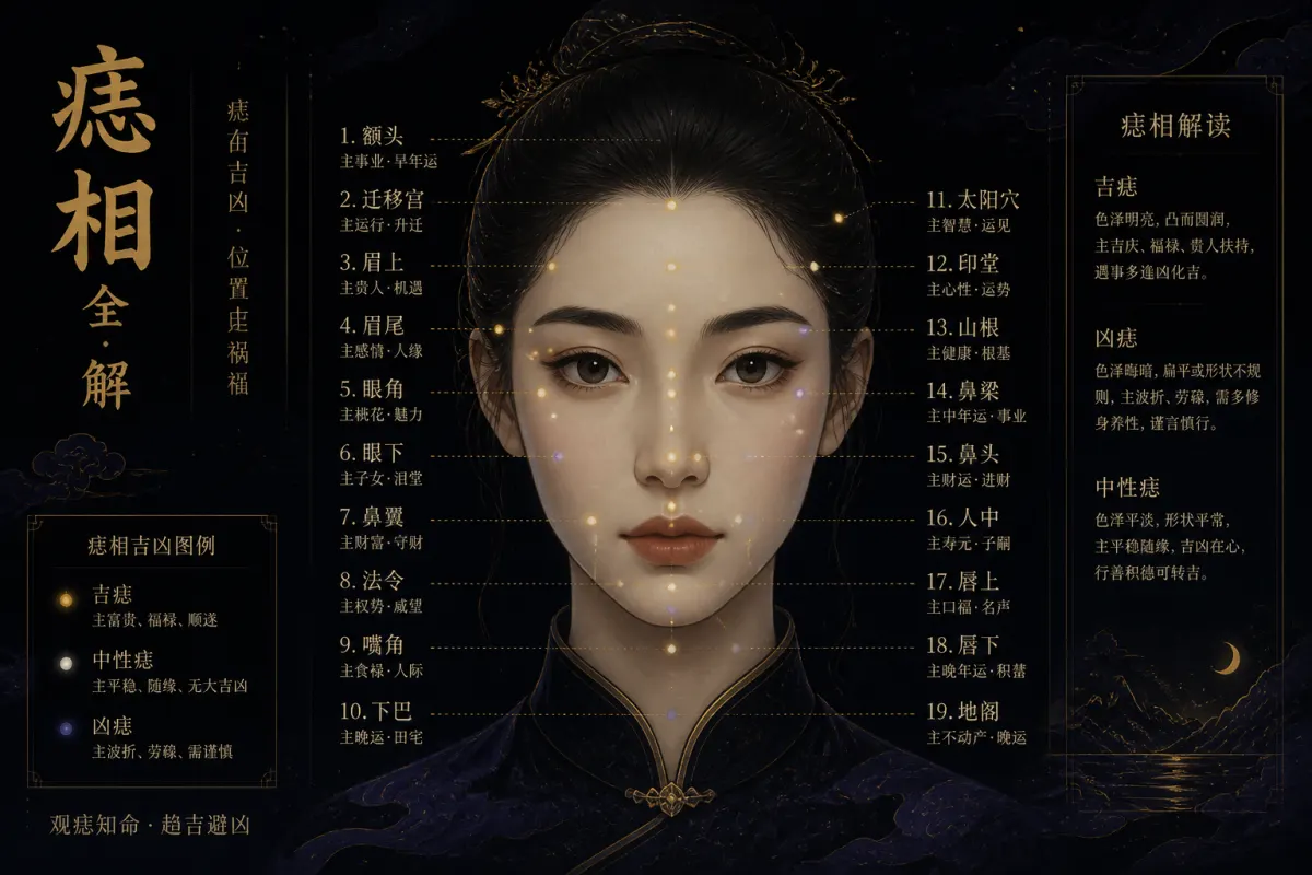 痣相位置含义示意图,面部分区痣点的命理参考
