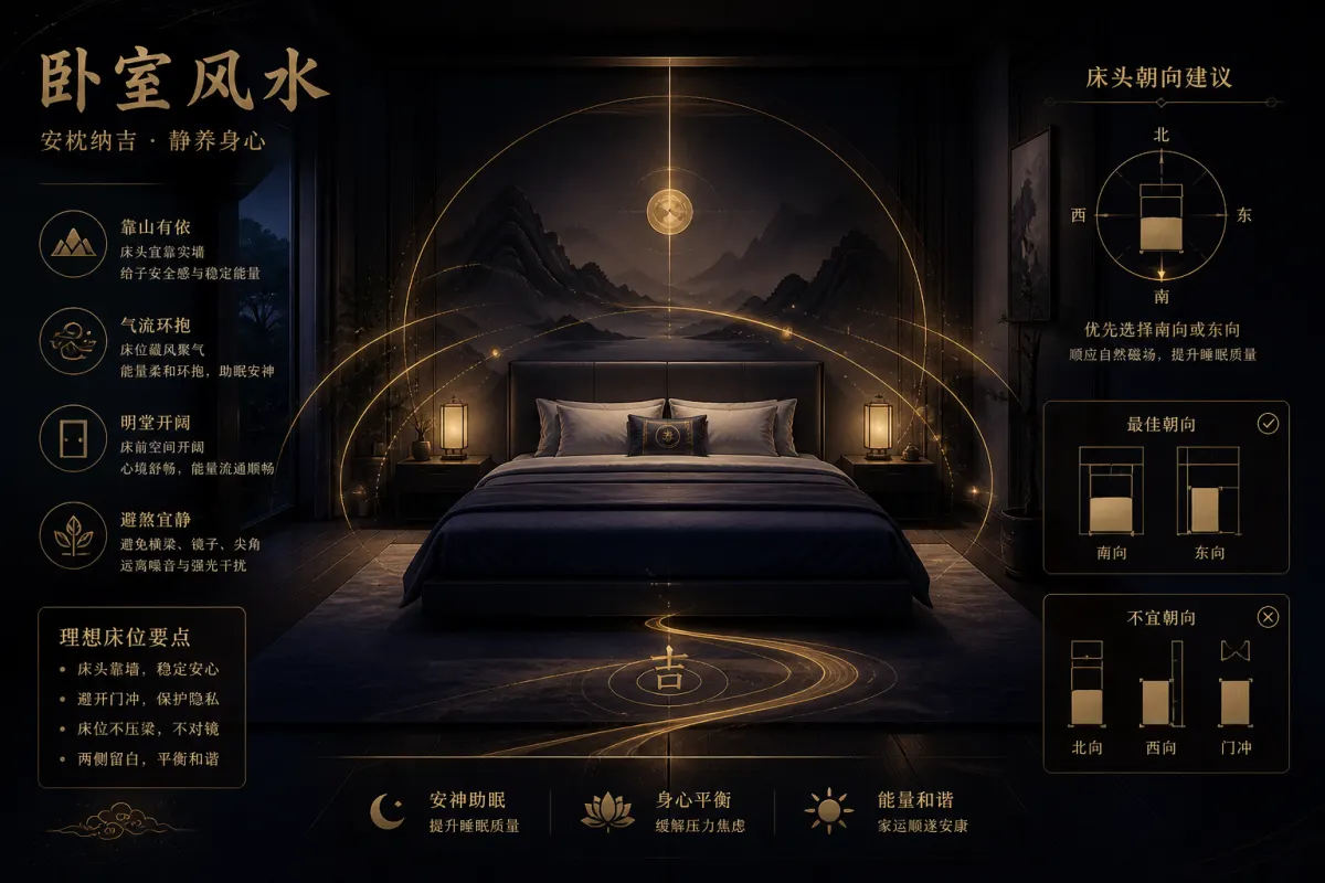 卧室风水床位朝向示意图,床头方位与休息空间布局