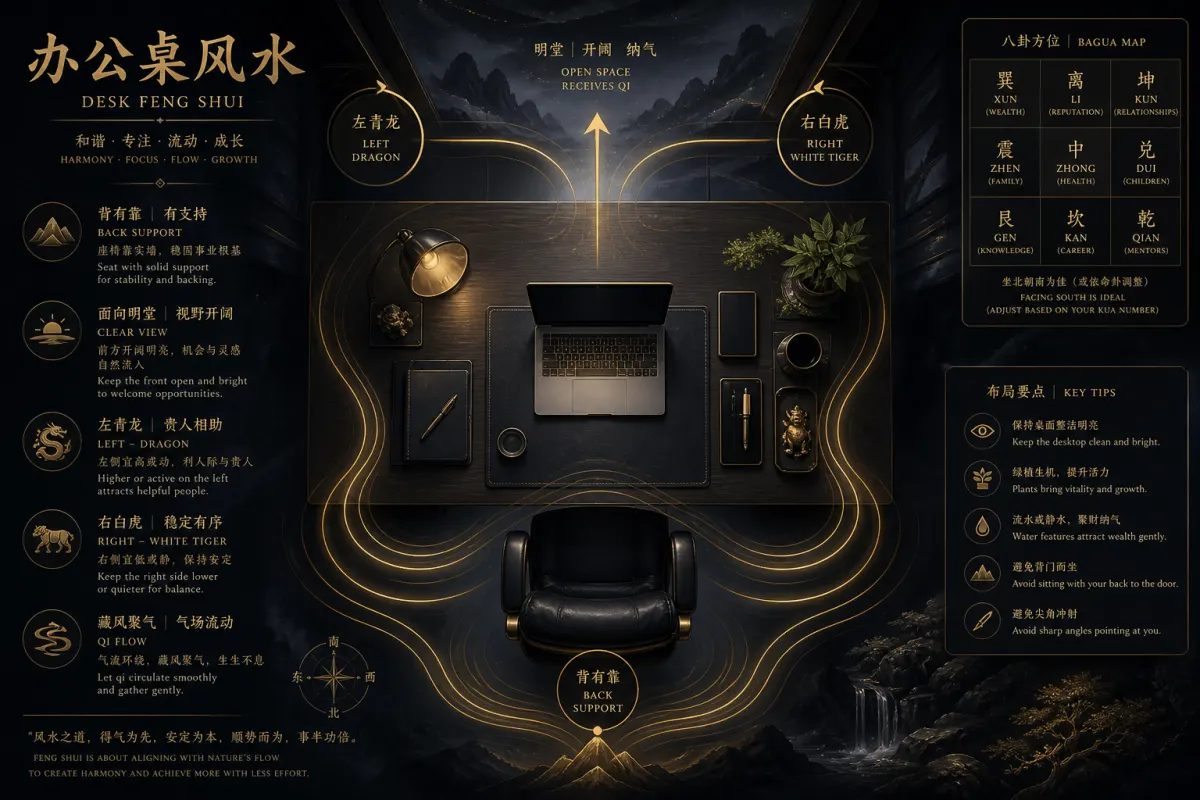 办公桌风水布局示意图,座位朝向与桌面气场安排