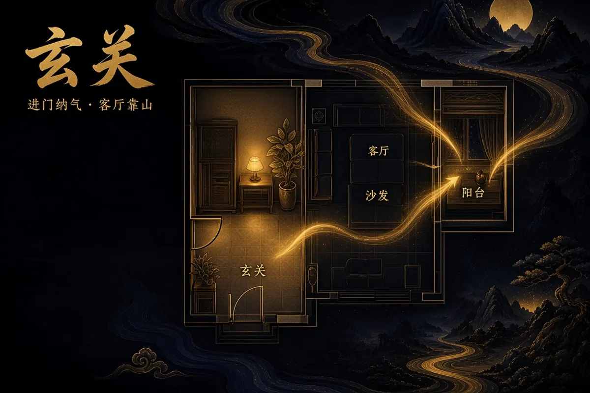 Illustration of entryway and living room Feng Shui circulation and sofa backing