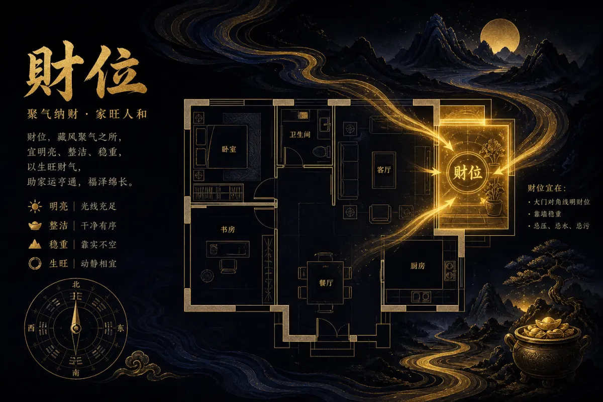 家里财位与招财布局示意图,明财位方位与聚气结构