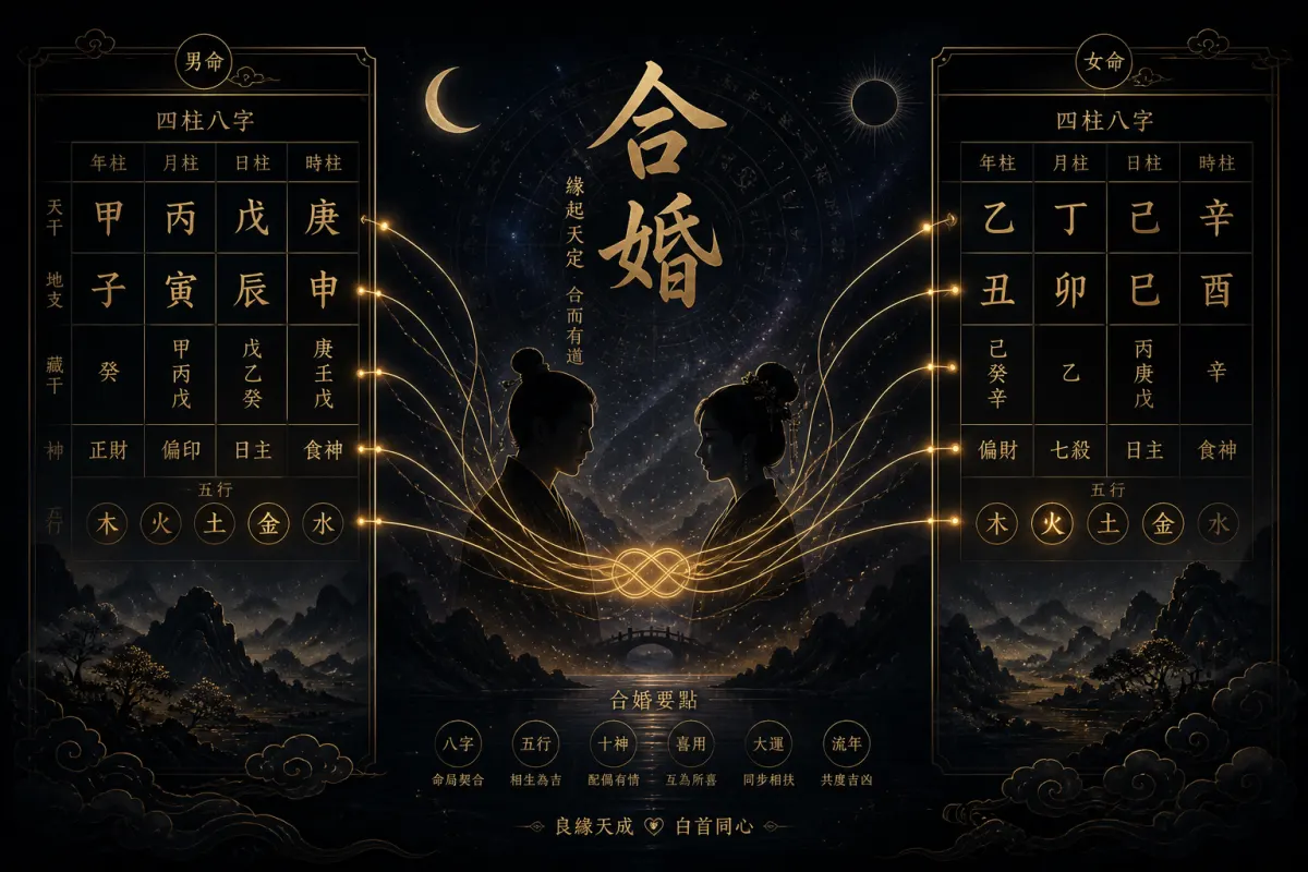 Ba Zi marriage matching illustration comparing two Four Pillars charts