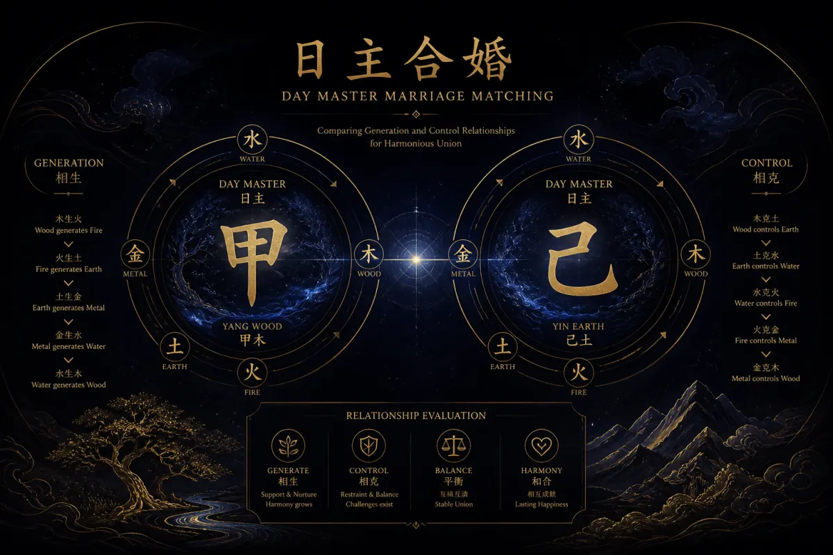 日主合婚示意图,双方日主生克关系的对照结构