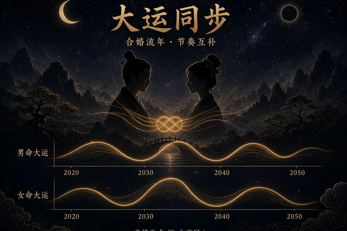 八字合婚双方大运流年时间线同步与高低谷互补示意图