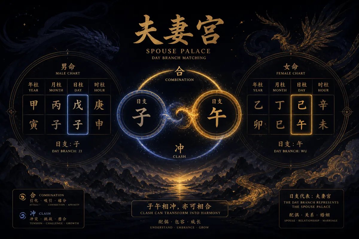 八字夫妻宫合婚示意图,聚焦日支夫妻宫的互动与合冲