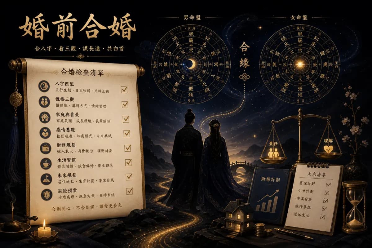 婚前合婚注意事项示意图,清单式核对双方命盘与现实条件