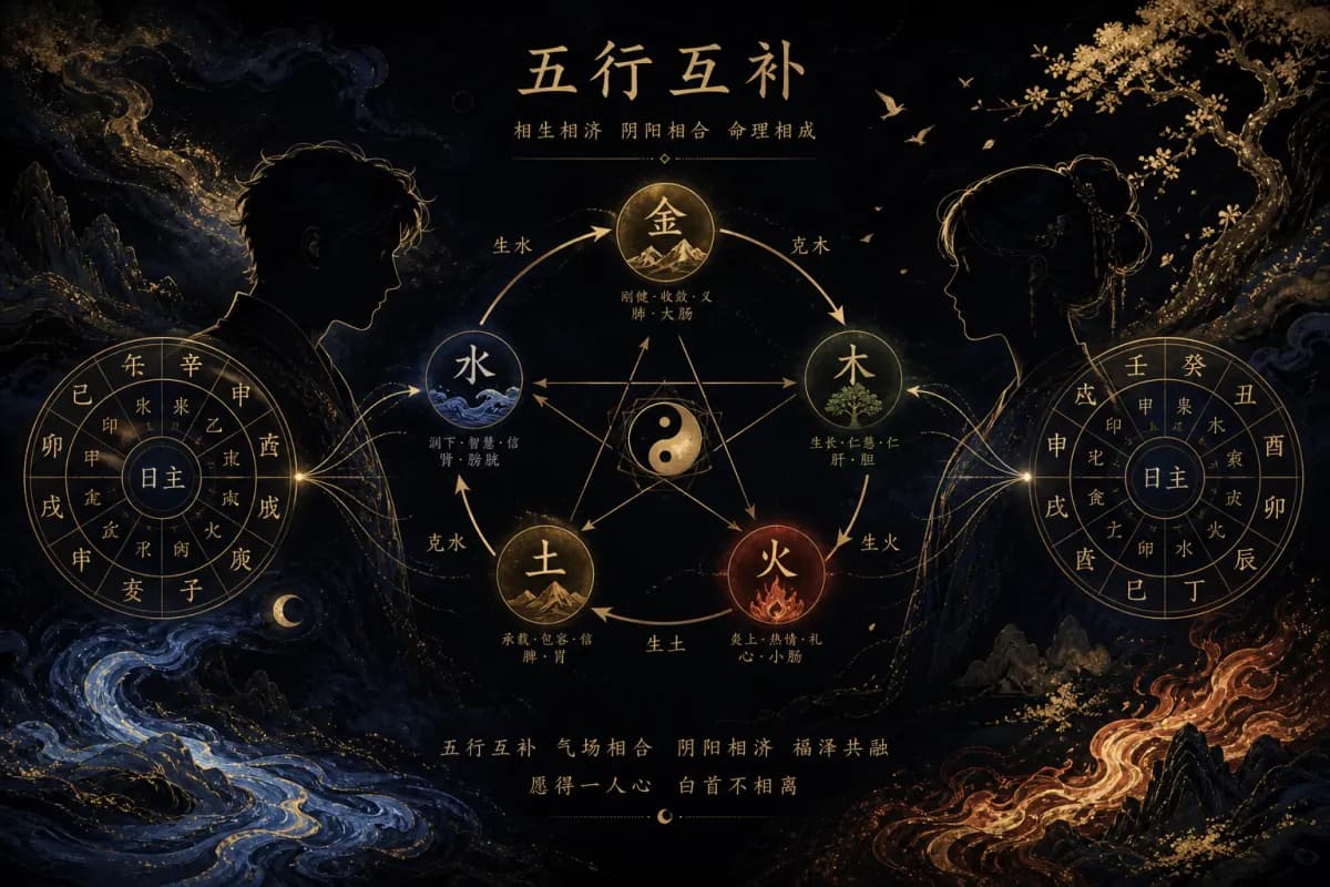 五行互补合婚示意图,金木水火土相互生扶的配对结构