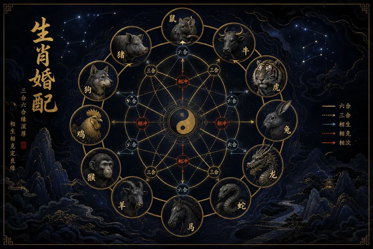 Chinese zodiac marriage match illustration of harmony and clash cycles