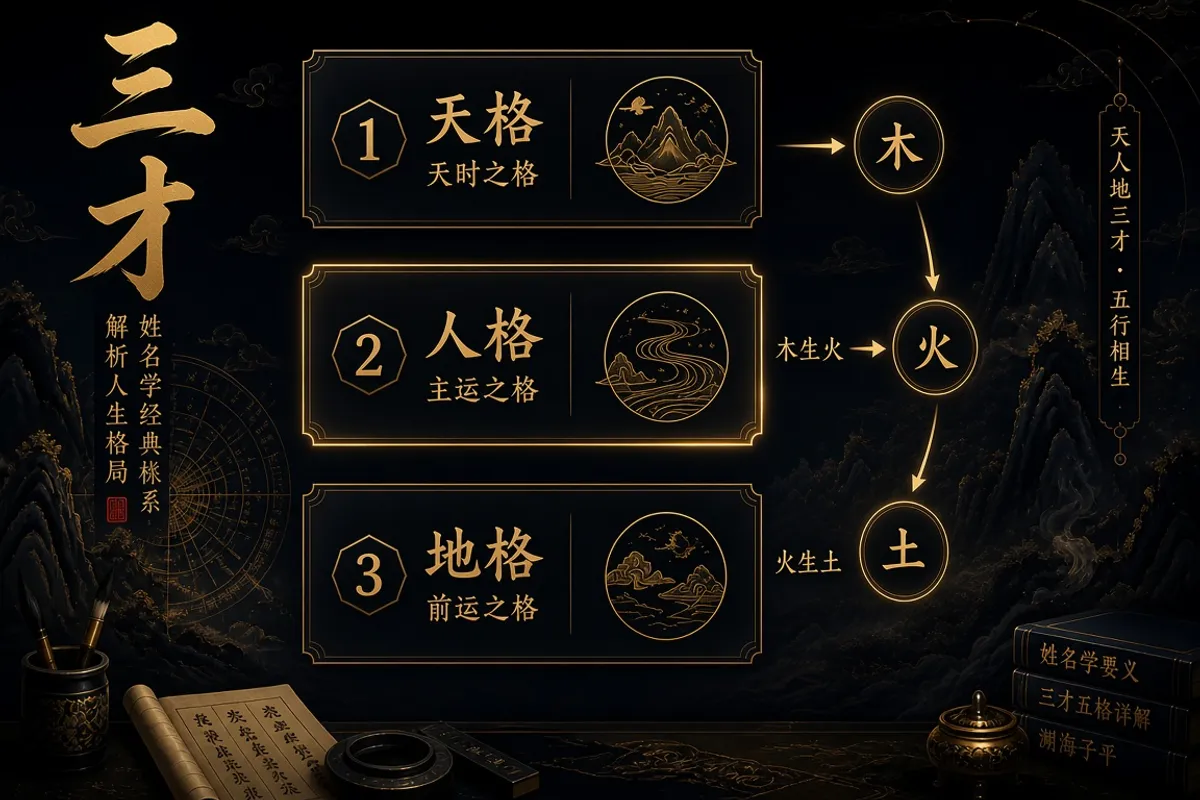 姓名三才配置天格人格地格五行生克流转示意图