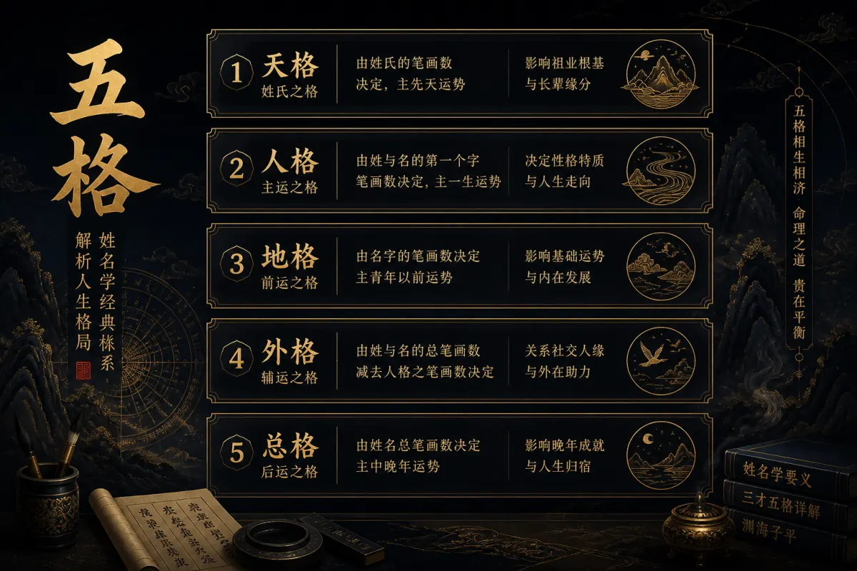 五格数理姓名测试示意图,天格人格地格外格总格结构