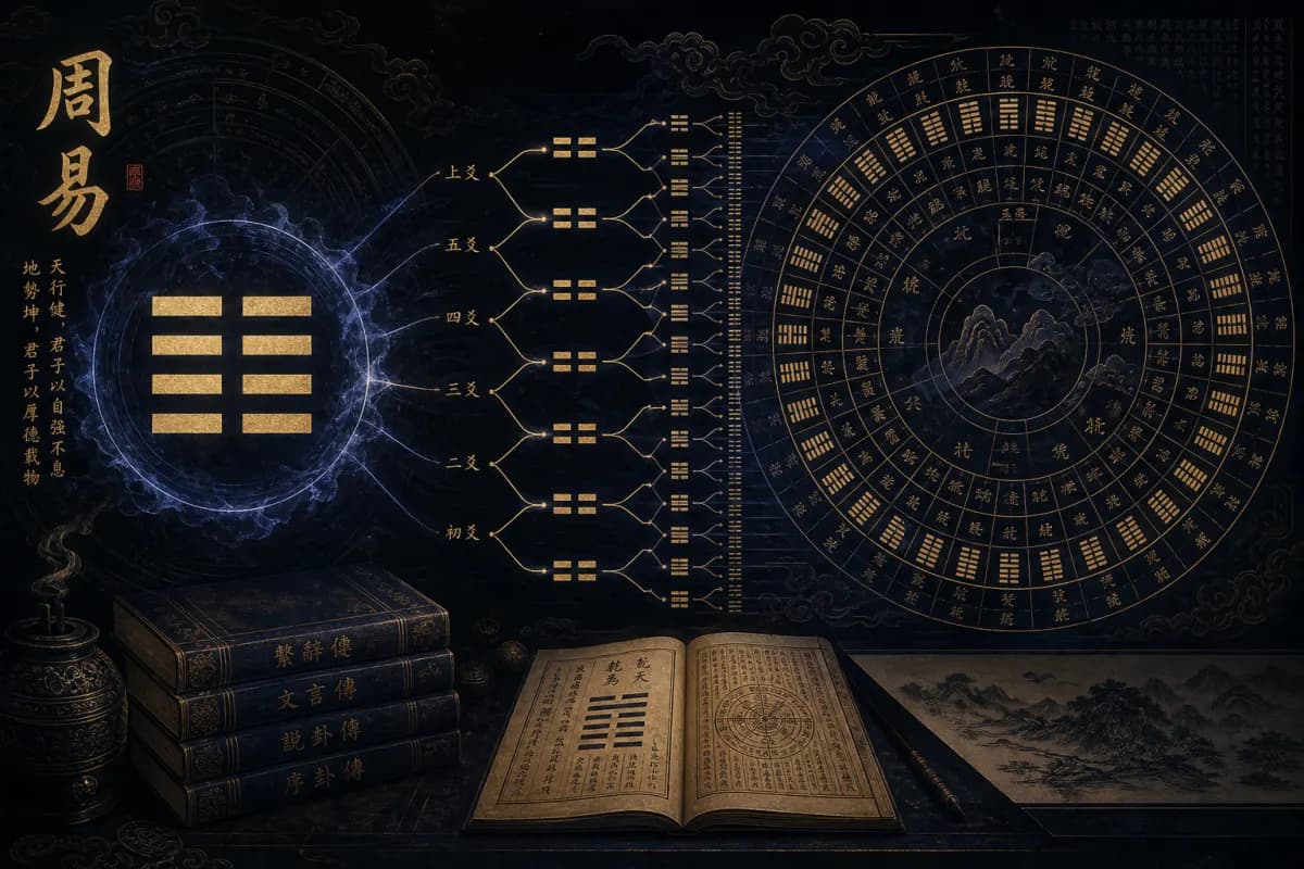 周易六十四卦占卜示意图,卦象爻画展开的占问结构