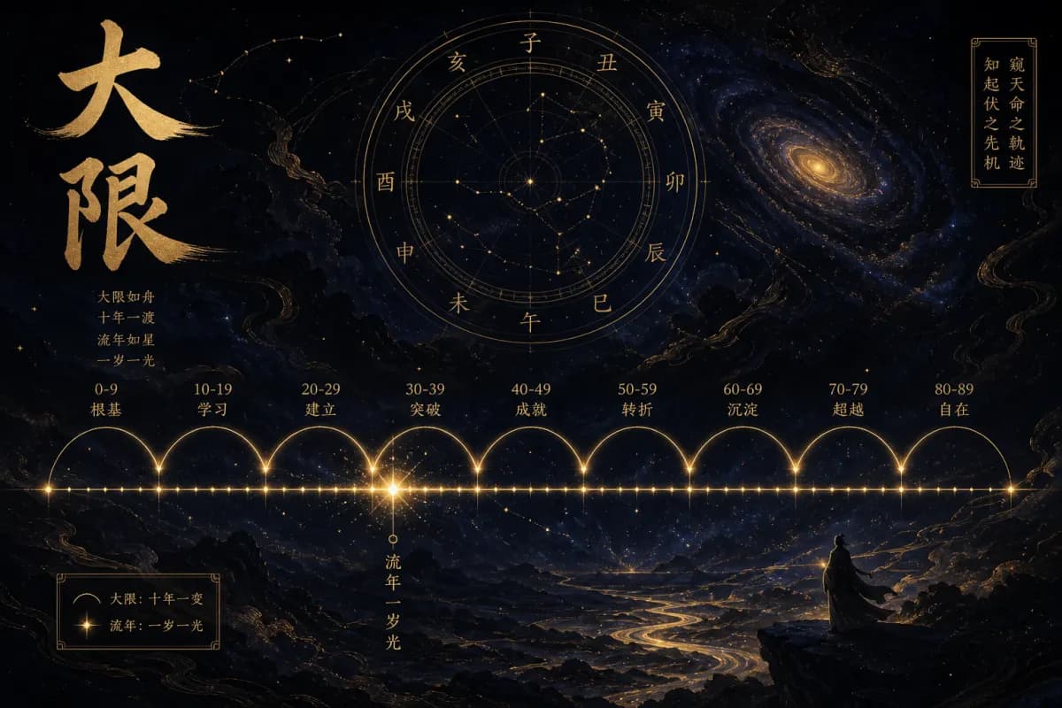 紫微大限流年时间轴示意图,说明十年大限与流年触发