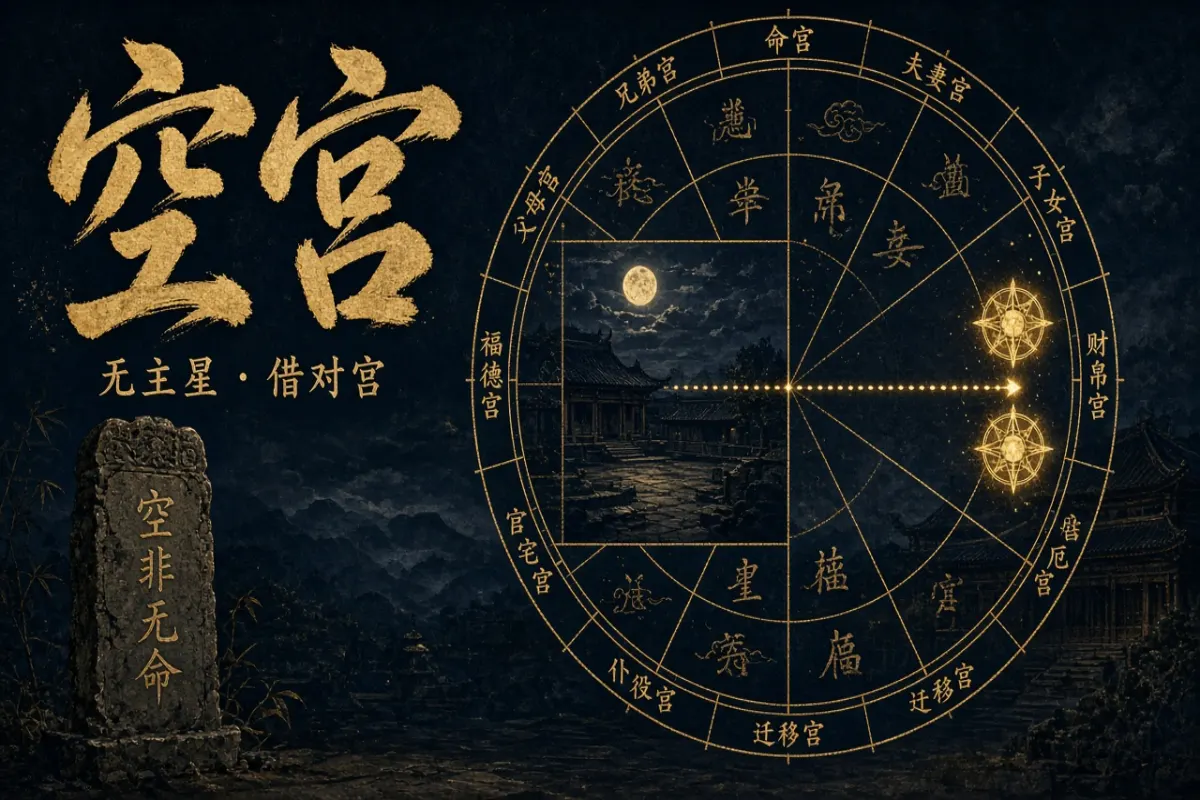 Zi Wei empty palace diagram: one chamber without a major star, a gold line borrowing the opposite palace