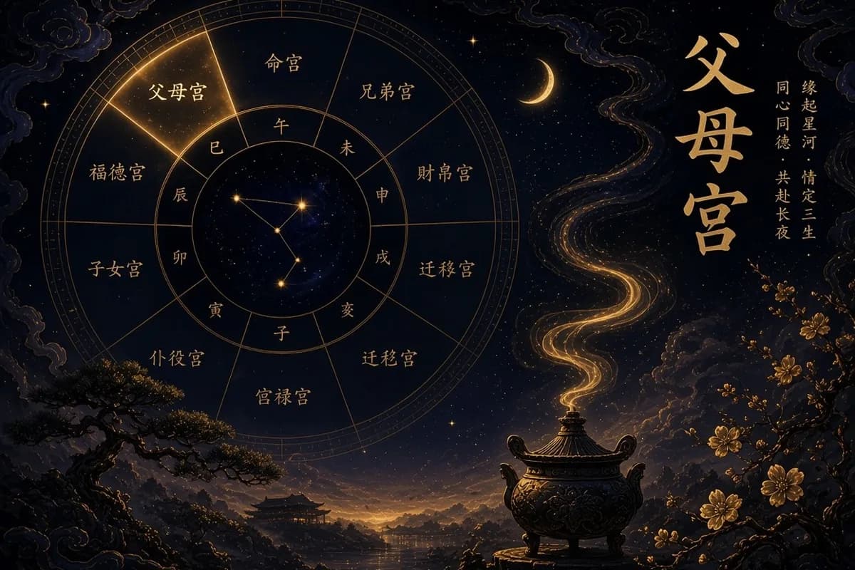 紫微父母宫命盘示意图,高亮父母宫,旁有古松与香炉