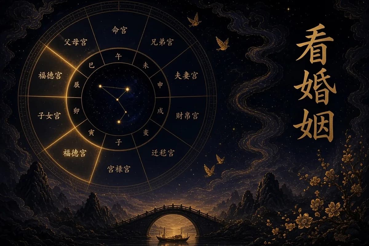 紫微看婚姻示意图,夫妻宫与福德宫相连,月桥与花枝在侧