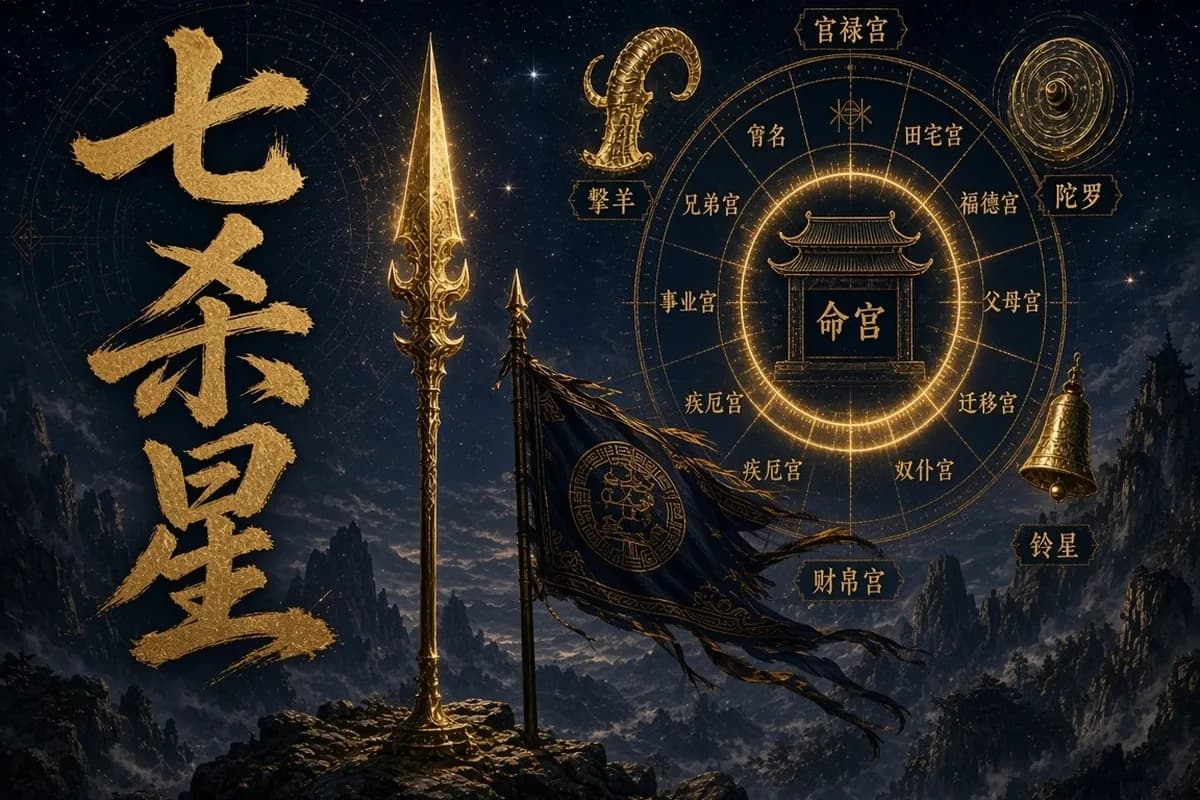 七杀星示意图,金戈与将旗立于山关,旁有紫微命盘