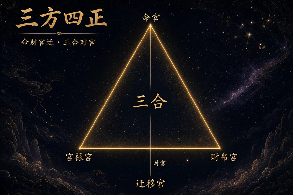Illustration of the San Fang Si Zheng (Three Sides and Four Directions) triangle and opposite axis across the twelve Zi Wei palaces