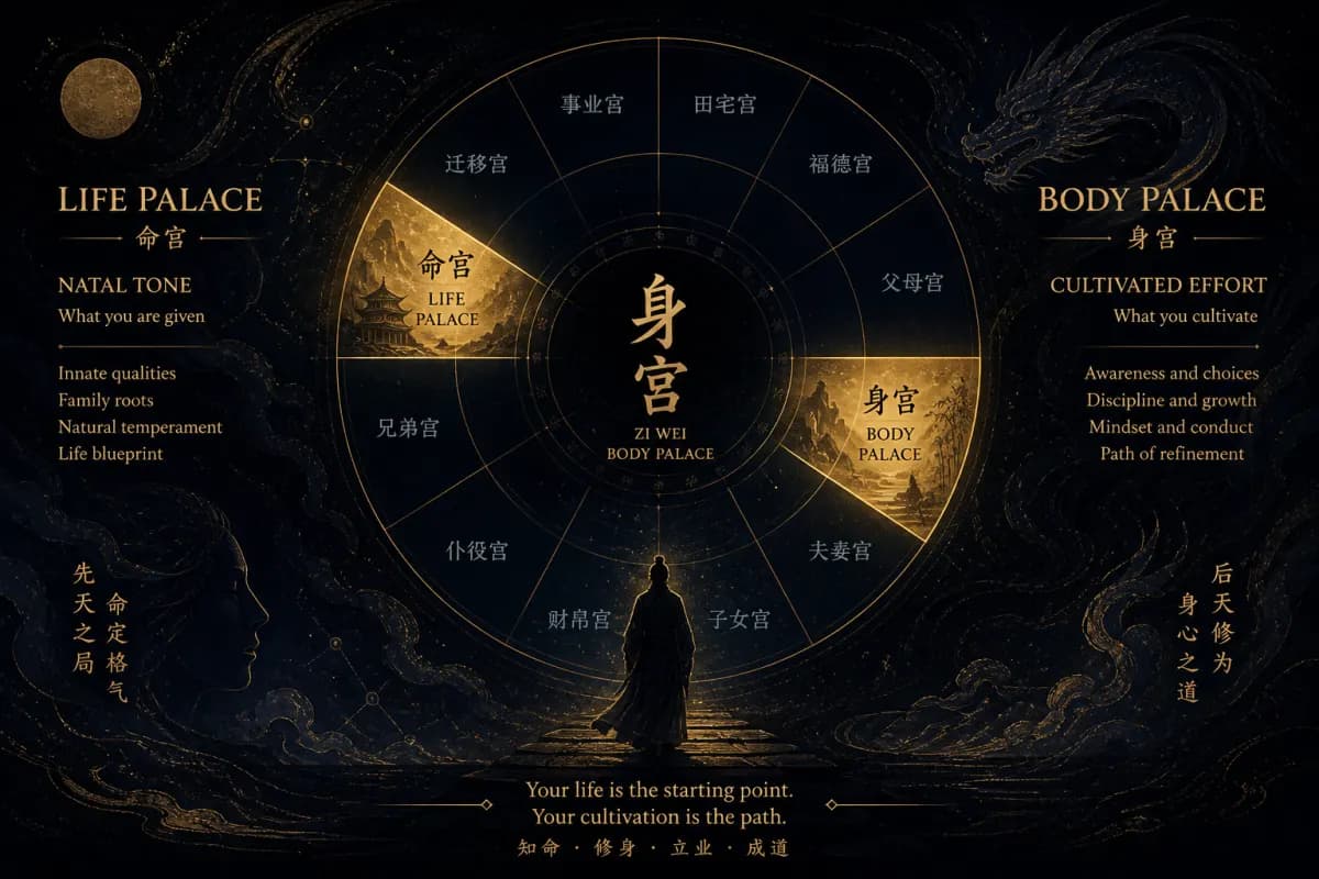 紫微身宫示意图,对照命宫呈现后天努力与身心落点